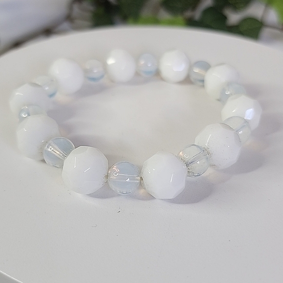 Handcrafted Opalite and Faceted White Crystal Beads Bracelet - Picture 1 of 8